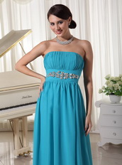 Beaded Decorate Waist Teal Chiffon Prom Dress For Lady Inexpensive