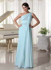 One Shoulder Chiffon Beaded Prom Dress For Custom Made Light Blue Inexpensive