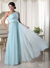 One Shoulder Chiffon Beaded Prom Dress For Custom Made Light Blue Inexpensive