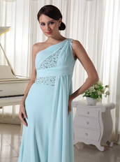 One Shoulder Chiffon Beaded Prom Dress For Custom Made Light Blue Inexpensive