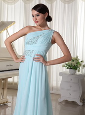 One Shoulder Chiffon Beaded Prom Dress For Custom Made Light Blue Inexpensive