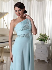 One Shoulder Chiffon Beaded Prom Dress For Custom Made Light Blue Inexpensive