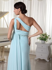 One Shoulder Chiffon Beaded Prom Dress For Custom Made Light Blue Inexpensive