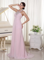 Baby Pink Chiffon Prom Dress With Halter Top Long Skirt Inexpensive