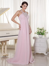 Baby Pink Chiffon Prom Dress With Halter Top Long Skirt Inexpensive