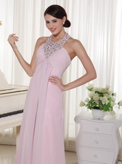 Baby Pink Chiffon Prom Dress With Halter Top Long Skirt Inexpensive