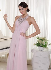 Baby Pink Chiffon Prom Dress With Halter Top Long Skirt Inexpensive