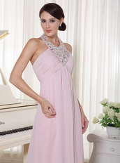 Baby Pink Chiffon Prom Dress With Halter Top Long Skirt Inexpensive