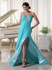Beaded One Shoulder Turqupise Blue Side Split Dress For Prom Wear Inexpensive