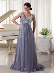 Sequins V-neck Grey Chiffon Floor Lenght Skirt Prom Gown Inexpensive