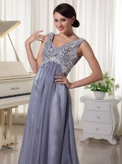 Sequins V-neck Grey Chiffon Floor Lenght Skirt Prom Gown Inexpensive