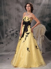 Yellow Strapless Prom Dress With Black Leaves Embroidery Inexpensive