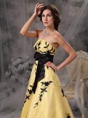 Yellow Strapless Prom Dress With Black Leaves Embroidery Inexpensive