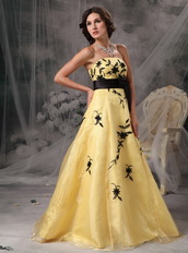 Yellow Strapless Prom Dress With Black Leaves Embroidery Inexpensive