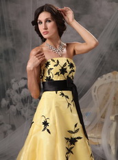 Yellow Strapless Prom Dress With Black Leaves Embroidery Inexpensive