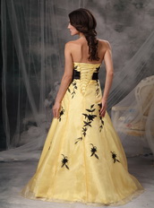 Yellow Strapless Prom Dress With Black Leaves Embroidery Inexpensive