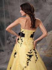 Yellow Strapless Prom Dress With Black Leaves Embroidery Inexpensive