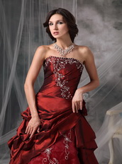 Wine Red Strapless Prom Dress With Embroidery Details Inexpensive