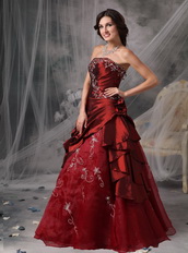 Wine Red Strapless Prom Dress With Embroidery Details Inexpensive