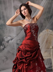 Wine Red Strapless Prom Dress With Embroidery Details Inexpensive