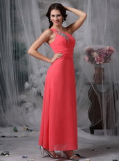 Coral Red Chiffon One Shoulder Skirt Dress For Prom Wear Inexpensive