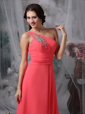 Coral Red Chiffon One Shoulder Skirt Dress For Prom Wear Inexpensive