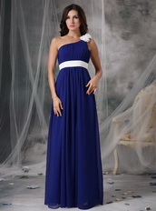 Royal Blue and White Rosette One Shoulder Chiffon Prom Dress Inexpensive