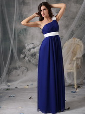 Royal Blue and White Rosette One Shoulder Chiffon Prom Dress Inexpensive