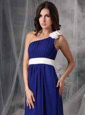 Royal Blue and White Rosette One Shoulder Chiffon Prom Dress Inexpensive