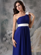 Royal Blue and White Rosette One Shoulder Chiffon Prom Dress Inexpensive