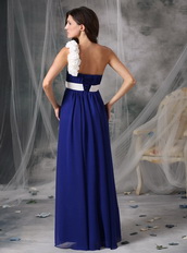 Royal Blue and White Rosette One Shoulder Chiffon Prom Dress Inexpensive