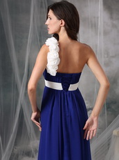 Royal Blue and White Rosette One Shoulder Chiffon Prom Dress Inexpensive