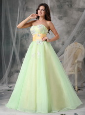 Lovely Organza Appliqued Light Kelly Prom Dress With Belt Inexpensive