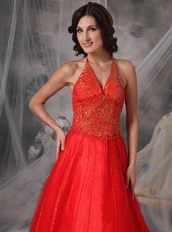 High Quality Low Price Red Halter Prom Dress With Beading Inexpensive