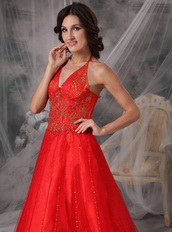 High Quality Low Price Red Halter Prom Dress With Beading Inexpensive