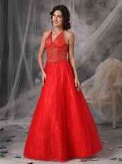 High Quality Low Price Red Halter Prom Dress With Beading Inexpensive