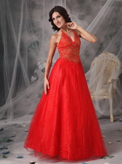 High Quality Low Price Red Halter Prom Dress With Beading Inexpensive