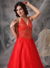 High Quality Low Price Red Halter Prom Dress With Beading Inexpensive