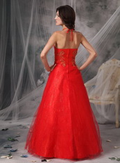 High Quality Low Price Red Halter Prom Dress With Beading Inexpensive