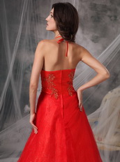 High Quality Low Price Red Halter Prom Dress With Beading Inexpensive