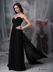 Watteau Train Design Black Chiffon Evening Dress Beaded Inexpensive