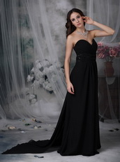 Watteau Train Design Black Chiffon Evening Dress Beaded Inexpensive