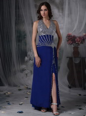 Halter Sequin Royal Blue Chiffon Prom Dress With Side Split Inexpensive