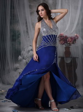 Halter Sequin Royal Blue Chiffon Prom Dress With Side Split Inexpensive