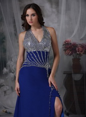 Halter Sequin Royal Blue Chiffon Prom Dress With Side Split Inexpensive