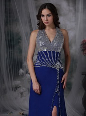 Halter Sequin Royal Blue Chiffon Prom Dress With Side Split Inexpensive