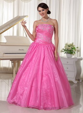 Hot Pink Long A-line Puffy Skirt Prom Dress With Embroidery Inexpensive