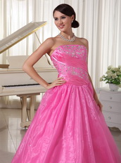 Hot Pink Long A-line Puffy Skirt Prom Dress With Embroidery Inexpensive