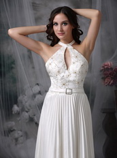 White High-neck Floor-length Ruched Prom Dress Low Price Inexpensive