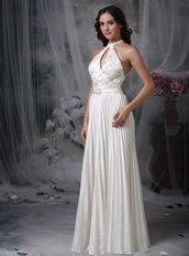 White High-neck Floor-length Ruched Prom Dress Low Price Inexpensive